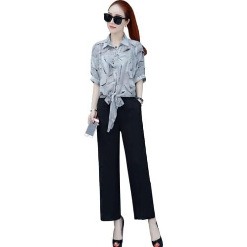 New Chiffon Shirt Women Sets Short-Sleeve Summer Slim Wild Loose Chiffon Shirt Female Short-Sleeve Tops Black Trousers Ladies