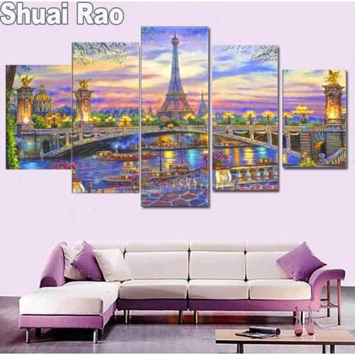 Paris landscape 5pcs diy diamond painting Tower City full square round mosaic embroidery multi-picture home decor 5 Panel