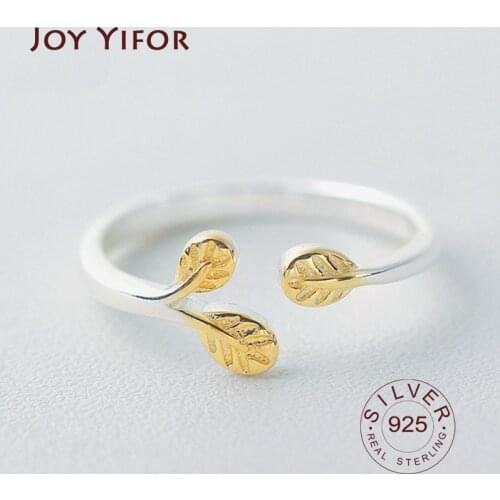 Real 925 Sterling Silver Smooth Rings For Women Jewelry Beautiful Finger Open Rings For Party Birthday Gift gold leaves