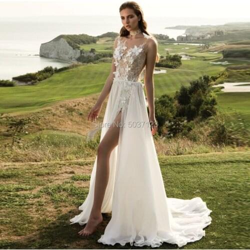 Sexy Bohemia A Line Wedding Dresses Chiffon High Slit Scoop Floor Length Vestido De Noiva Lace Appliques Boho Bridal Gowns