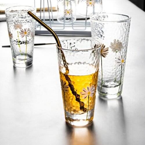 295-460ml Japanese Style Heat-resistant Beer Coffee Mug Small Chrysan themum Hammer Pattern Glass Cup Drinkware Kichen Supplies