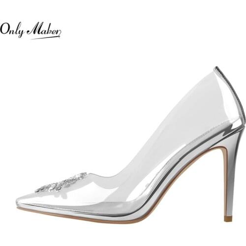 Onlymaker Pointed Toe Thin High Heel Pumps Metal Heel Slip-on Pumps PVC Floral Metal Decoration Jelly Shoes