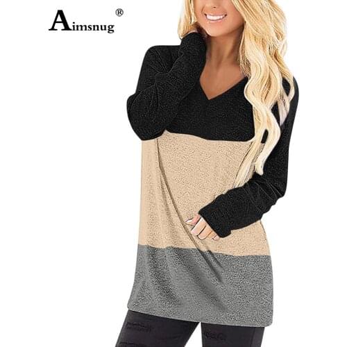Aimsnug Women England Style T-shirt Patchwork Color Tops Long Sleeve V-Neck Shirt Femme Casual Loose Tees Shirt Women Clothing