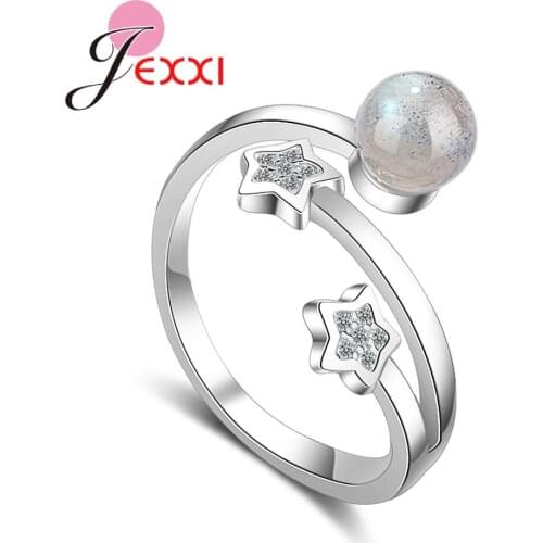 Shining Balls Design Hot Selling 925 Sterling Silver Stars Clear Crystals Opening Rings For Women Girls Wedding Jewelry