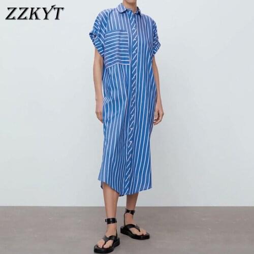 ZZKYT 2021 Women Summer Fashion Striped Midi Dress Vintage Lapel Collar Short Sleeve Pockets Office Lady Female Dresses Vestidos