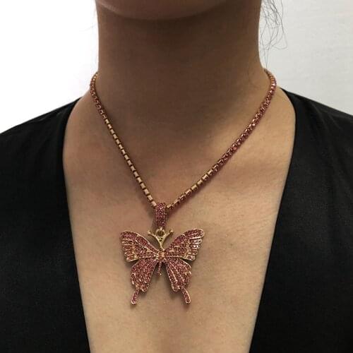 Larger Butterfly Necklace Chain Vintage Colorful Rhinestone Butterfly Pendant Necklace for Women Girls Bohemia Style Jewellery