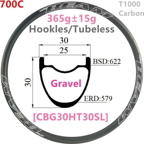 [CBG30HT30SL] 365g carbonbeam Symmetric 30x30 internal 25mm 700C Gravel CX Road Hookless Tubeless compatible carbon wheel