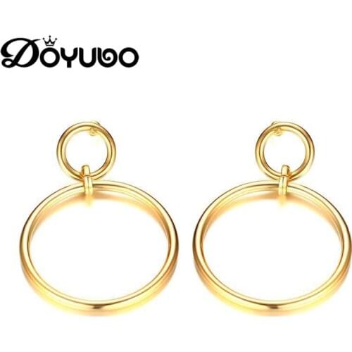 DOYUBO Gold Color Womens Large Double Round Dangle Earrings Classical Lady Fashion Circle Earrings For Party Accessories DB069