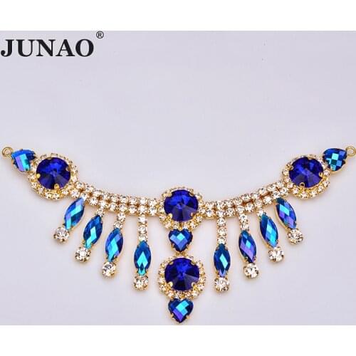 JUNAO 155x60mm Blue AB Crystal Fringe Glass Rhinestones Chain Tassel Strass Applique Sew On Crystal Sash for DIY Dress Headwear