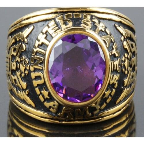 Gold Color Stainless Steel Punk Rings For Men Women Purple Crystal Glass US Army Vintage Rings