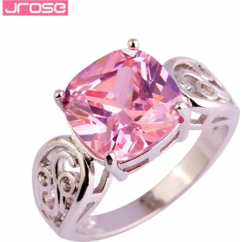 JROSE Wholesale Gorgeous Fashion Princess Cut Pink CZ Silver Color Ring Size 6 7 8 9 10 11 12 Engagement Beautiful Jewelry
