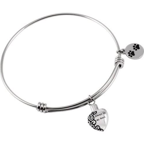 MJB5017 Alway in my heart expandable cuff cremation bracelet for ashes dog cat paw prints pet memorial urn jewelry