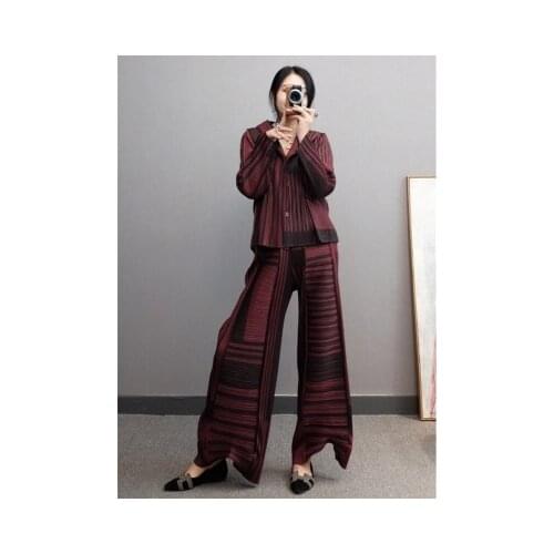 Miyake fold fashion suits hooded long sleeve coat nine points wide-legged pants two-piece hitting scene striped suit IN STOCK