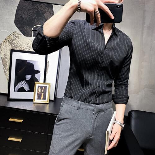 Men Shirt Spring British Lapel Slim Large V-neck Versatile Striped Wide Collar Black Clothing Fashion Hot Sale