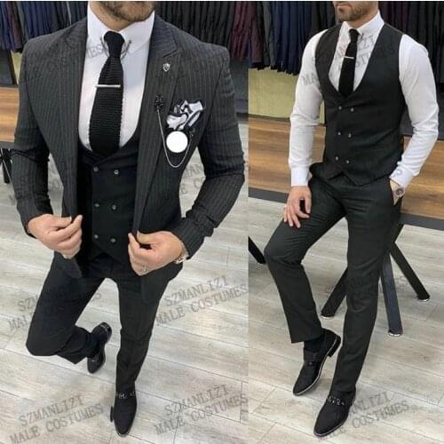2021 Black Stripe Blazer Business Men Suits Tuxedo Groom Wear Wedding Costume Homme 3 Piece Prom Party Slim Fit Terno Masculino