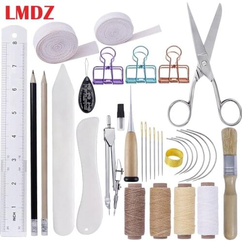 LMDZ 32Pcs Hand Bookbinding Tools Kit Edged Scoring Folder Sewing Thread Ruler Needles Tool Set for Bookbinding Bone Folder Set