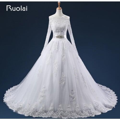Real Photo Lace Tull Appliques Long Wedding Dresses Ball Gown Boat Neck Long Sleeves Button Back Sash Beaded Bridal Gown ASAFN22