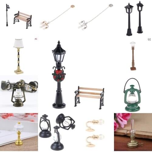 New 1:6 1:12 Scale Retro Oil Lamp Dollhouse Miniature Furniture Toy Wooden Park Bench Street Lamp Living Room Garden Accessories