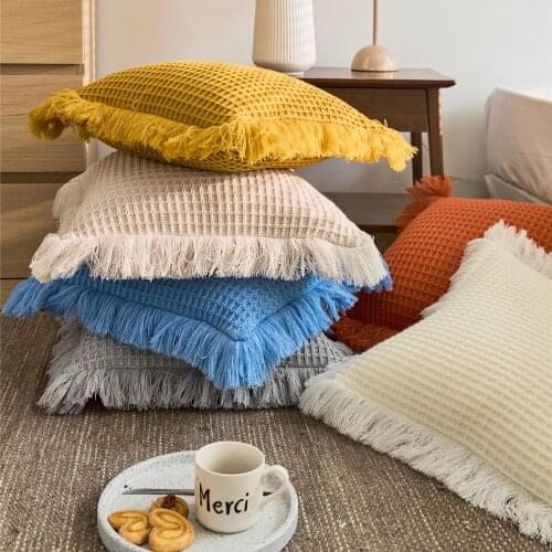 Solid color knitted cushion cover tassels knit pillow cover throw pillow case with fringes