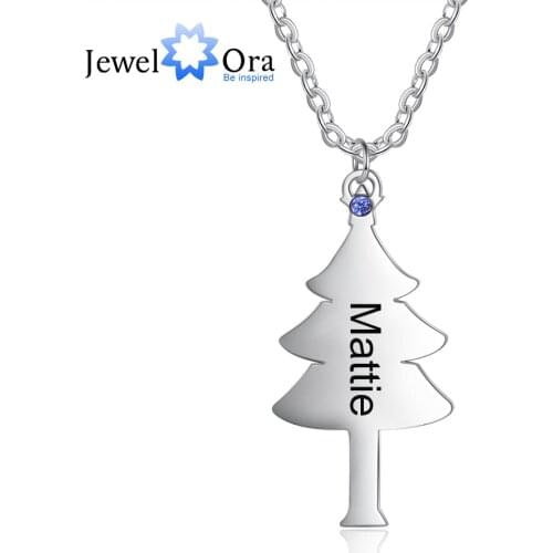 JewelOra Designer Personalized Christmas Tree BFF Necklace with Birthstone Customized Name Engraved Pendant Friendship Gifts