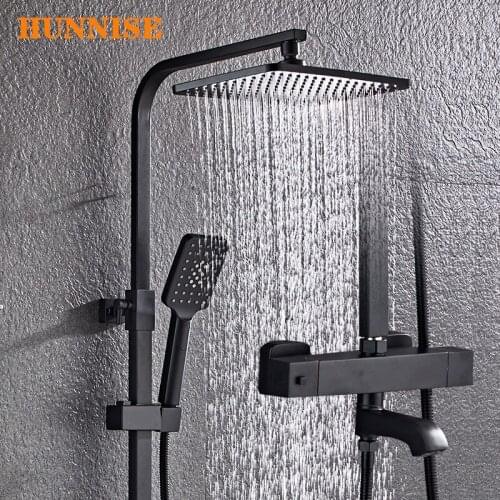 Thermostatic Shower Set Rainfall Spa Bath Shower Head 12 Inch Top Shower Brass Bathroom Faucet Black Bronze Bath Shower System