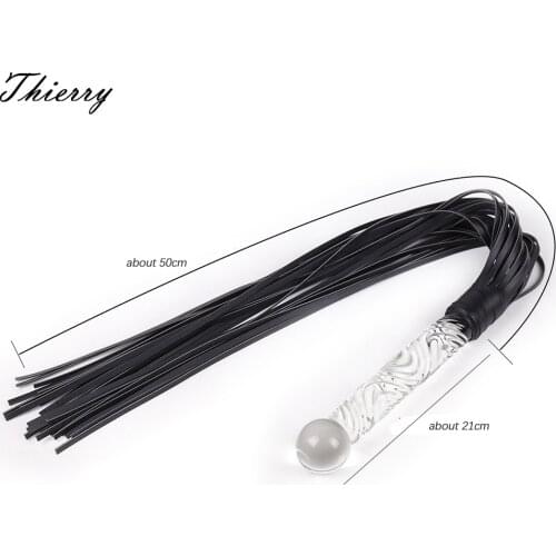 Thierry PU leather Whip with glass handle dildo anal plug, flogger Spanking Bondage Slave Fetish Sex Toys couples Adult Game