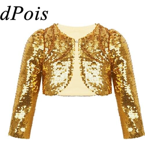 Kids Girls Shiny Sequins Contemporary Modern Jazz Dance Top Long Sleeve Cropped Blazer Bolero Shrug Cardigan Tops Short Jacket