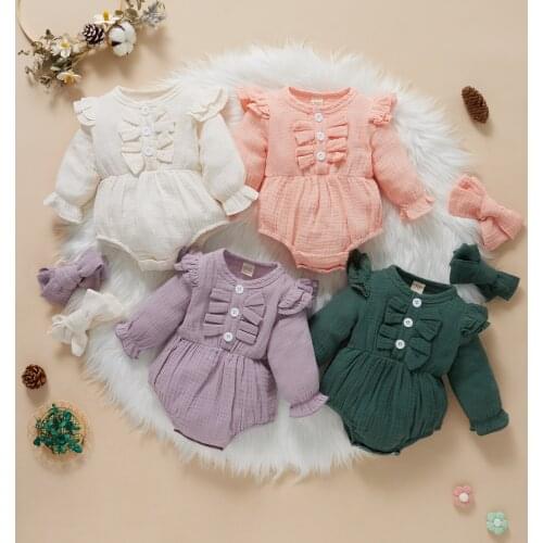 Infant Baby Girls Knitted Rompers Clothes Set Solid Long Fly Sleeve Button Jumpsuits and Bow Knot Headdress Toddler Kids Outfits