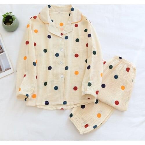 Spring Cotton Gauze Pajamas Women Long-sleeved Polka Dot Sleepwear Two Piece Pijamas Plus Size Lapel Night Wear Cute Home Suit