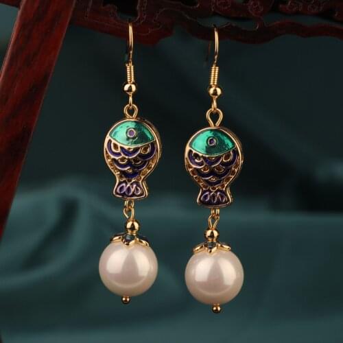Vintage long green and blue small fish drop earring simple style Retro earrings for women gift ethnic Jewelry