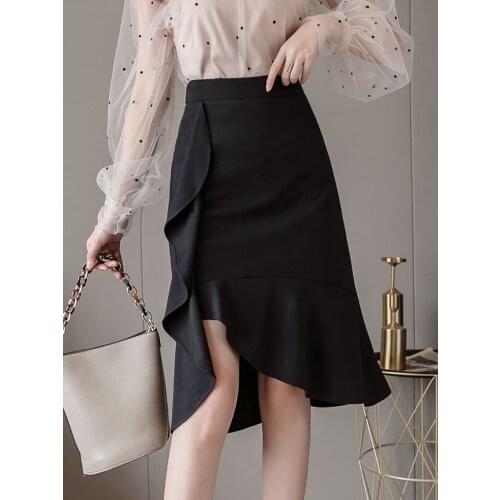 Womens Irregular Ruffle A Line Mermaid Skirt Summer Elegant High Waist Office Wear Skirts Ladies Black Fishtail Skirts
