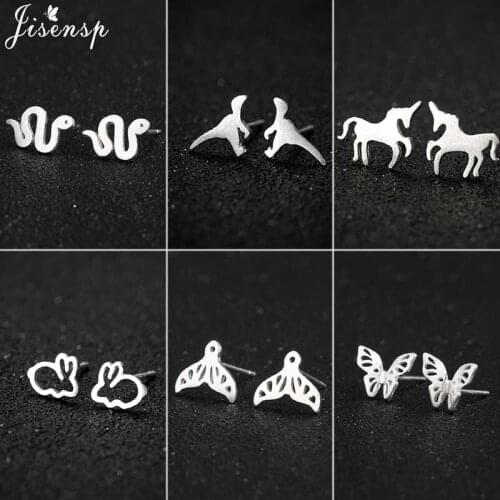 Jisensp Hot Fashion 925 Sterling Silver Ear Stud Jewelry Lovely Snake Unicorn Butterfly Earrings for Women Party Gift Bijoux