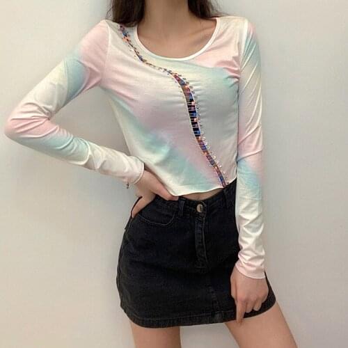 2021 Spring And Summer Tie-dye Long-sleeved Round Neck Irregular Corns Pin Stitching Top Feminine Look Thin Women