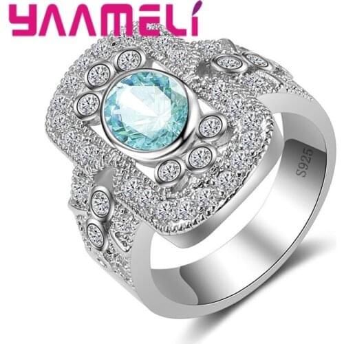 Wide Face Ring 925 Sterling Silver Sky Blue Crystal Geometric Pattern Square Shape Ring For Men Women Wedding Jewelry