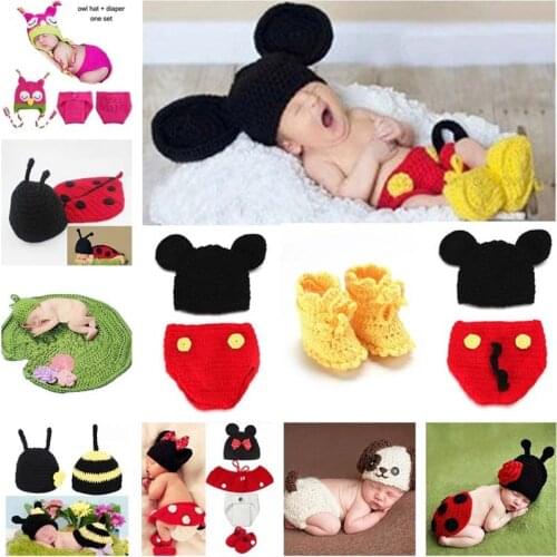 Animal Design Newborn Baby Crochet Photography Props Handmade Knit Mickey Costume Outfit Sleepy Owl Frog Baby Gift SG058