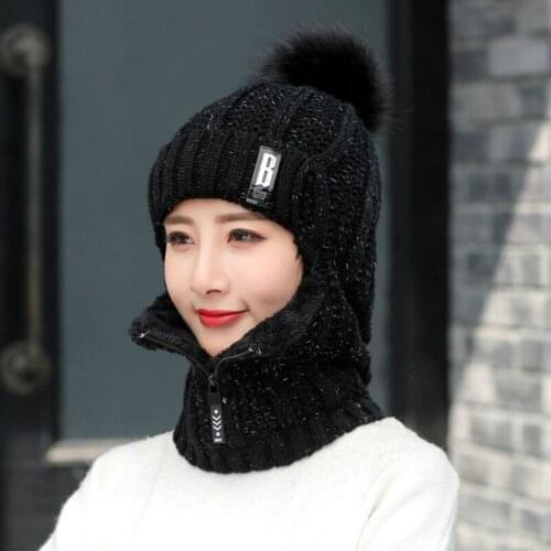 Winter womens scarf and velvet version of the earmuffs outdoor cycling wool hat pompom ski beanie balaclava pink snowboard