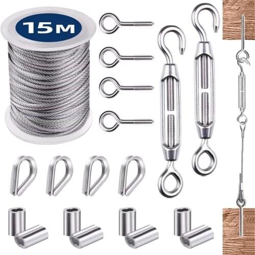 1 Set 15M Wire Rope Cable Hooks Hanging Kit Flexible PVC Coated Stainless Steel Clothesline
