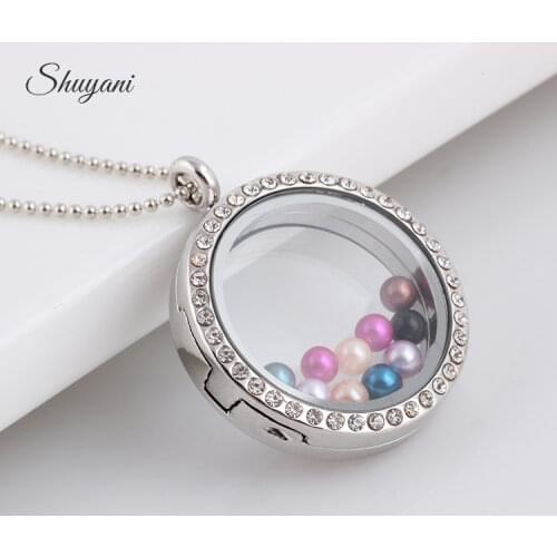 1Pc Vintage Crystal Round Round Glass Memory Locket Pendant Necklaces With Pearl Beads Women Lovers Party Gift Jewelry