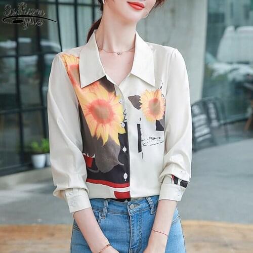 2021 Retro Long Sleeve Womans Shirts Printed Sunflower Chiffon Blouse OL Style Single-breasted Blouse Woman Autumn Camisa 10647
