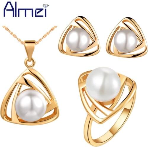 Almei African Beads Rose/White Gold Color Cubic Pearl Earrings Necklace Rings Jewelry Set for Women Wedding Bridals T265