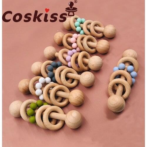 Coskiss 1pcs Beech Wood Ring Hand Rattle Teether Baby Toy Bell Baby Bed Bed Bell Baby Bed Rod Silicone Bead Baby Rattle Toy