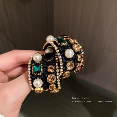 Exknl Colorful Crystal Vintage Women Hoop Earrings Wedding Luxury Pearls Big Geometric Earrings Jewelry Fashion Accessories
