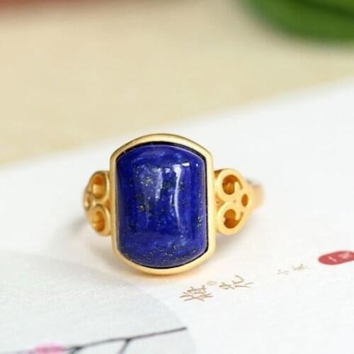 Natural Hetian Jade Lapis Sterling Silver S925 Square Ring Opening Adjustable Ancient Style Chinese Style Retro Womens