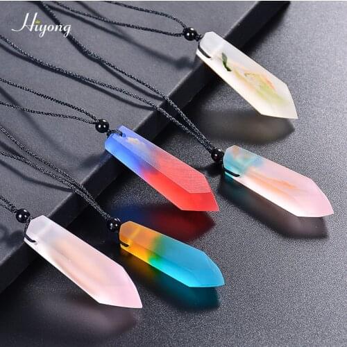 HIYONG Fashion Handmade Wood Resin Necklace Pendant Black Long Rope Adjustable Sweater Chain Sea Blue Necklace Jewelry Wholesale