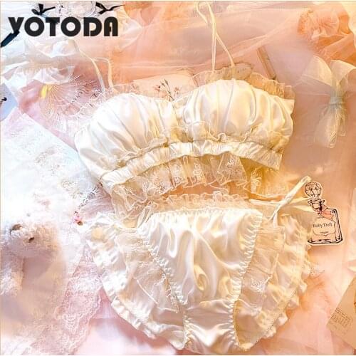 Women Satin Bra Briefs Set Sweet Lace Embroidery Lingerie Girls Lolita Underwear Comfortable Wire Free Bralettle Ruffles Brassie