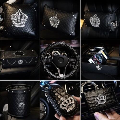 Crystal Crown Leather Punk Style Rivet Car Interior Accessories Steering Wheel Covers Headrest Neck Handbrake Gear Shift Cover