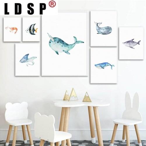 LDSP Cartoon Marine Life Whale Shark Fish Canvas Painting Wall Art Print Poster Picture Modern Kids Baby Bedroom Home Decor