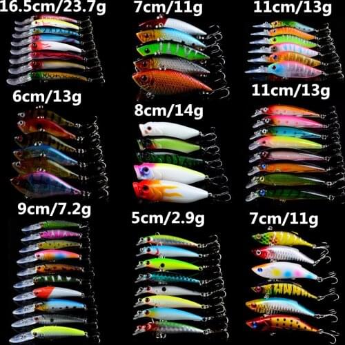 Hot 62pcs/lot Fishing Lures Artificial Make Lifelike Wobblers Hard baits 9 Varisized Models Crankbait Hooks Fishing Tackle