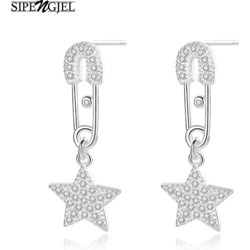 Trendy Gold Safety Pin Earrings Luxury Cubic Zirconia Personality Dangle Star Earrings For Women Korean Jewelry 2020