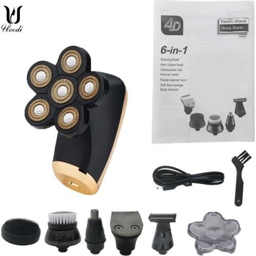4D Men 's Rechargeable Bald Head Electric Shaver 6 Floating Heads Beard Nose Ear Hair Trimmer Razor Clipper Facial Brush 5 in 1